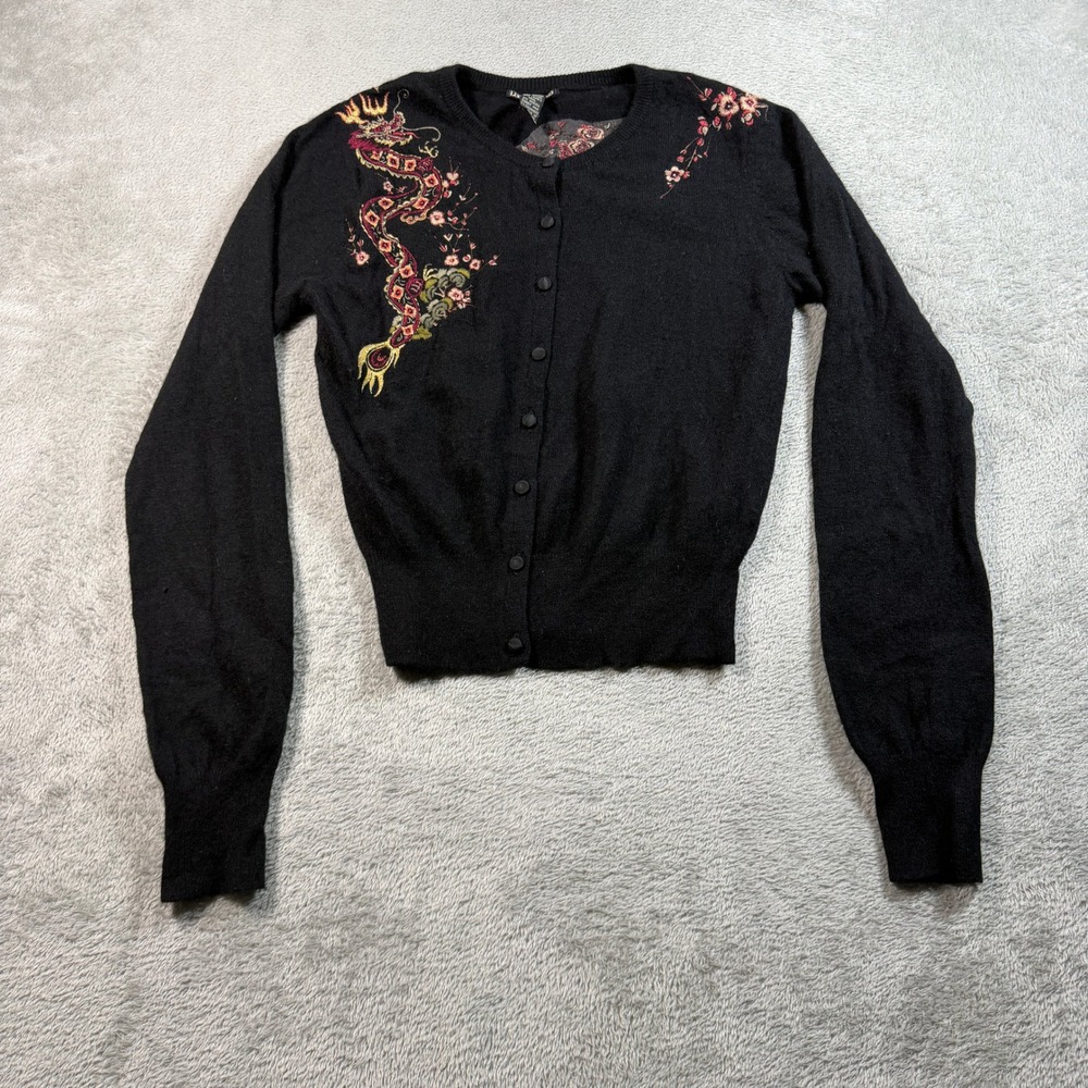 Lucky Brand Cardigan Women Small Black Dragon Floral Embroidered Wool Cashmere